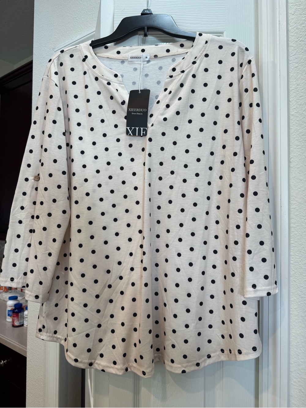Xiferdeuo Cream Polka Dot 3/4 Sleeve Blouse XL